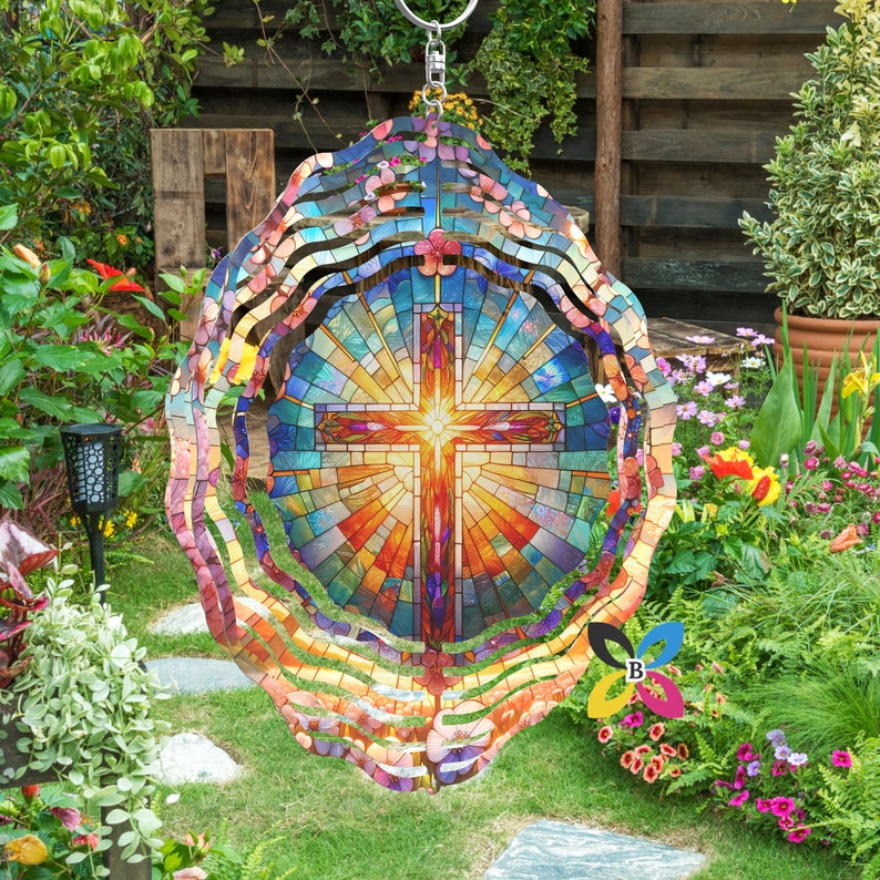🌀3D Colorful Memorial Wind Spinner – Cross Gift - Religious Yard Decor