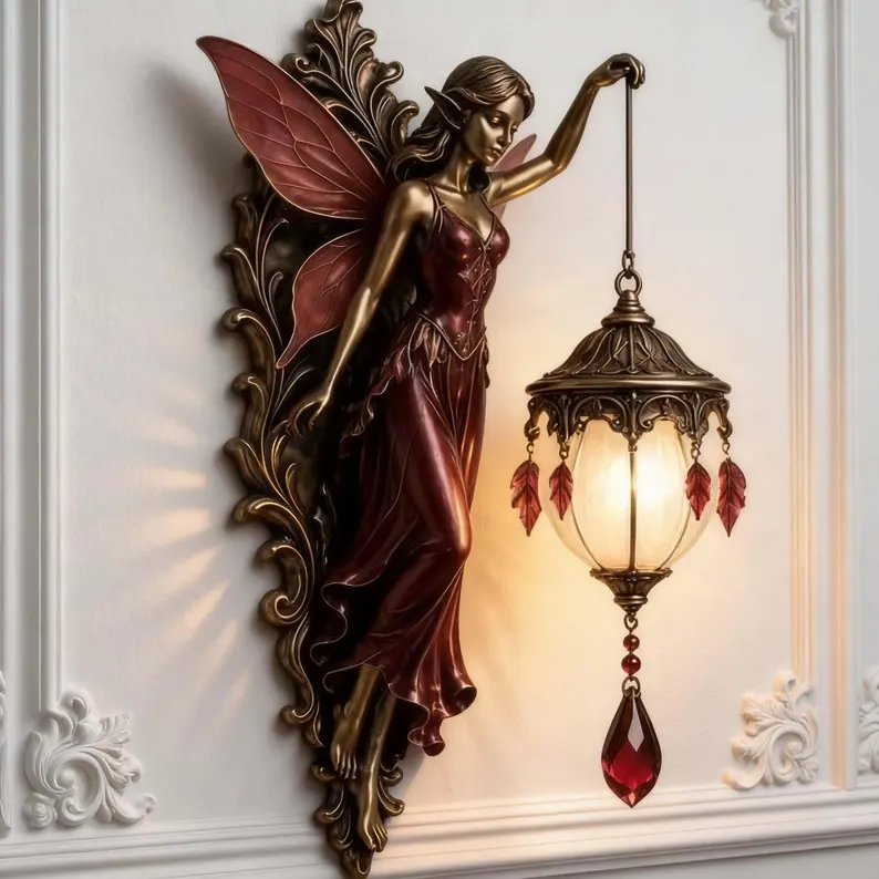 Gothic Red Fairy Wall Lamp Vintage Angel Sconce Light Magical Mythical Bedroom Decor Fantasy Art Art Nouveau Home Hanging