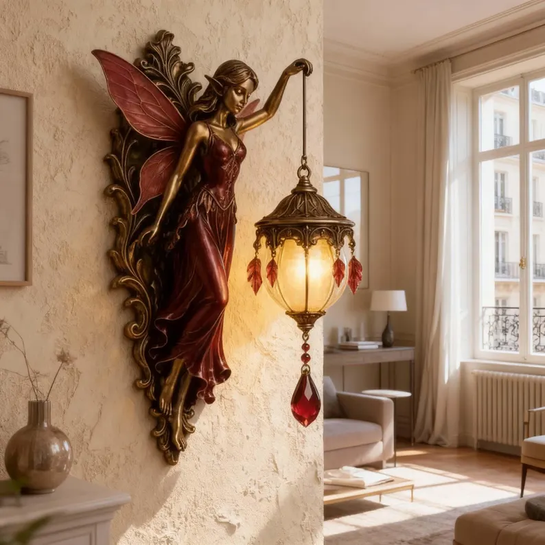 Gothic Red Fairy Wall Lamp Vintage Angel Sconce Light Magical Mythical Bedroom Decor Fantasy Art Art Nouveau Home Hanging