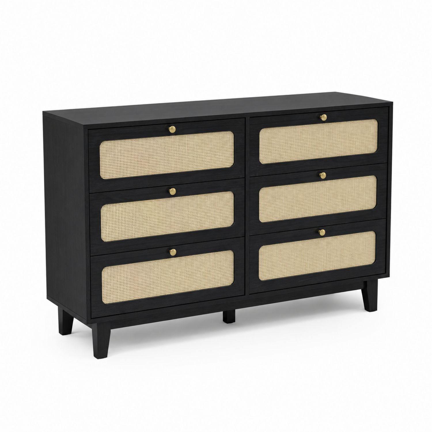 Schwarze Kommode mit 6 Schubladen aus Holz und Rattan 120x40x80cm