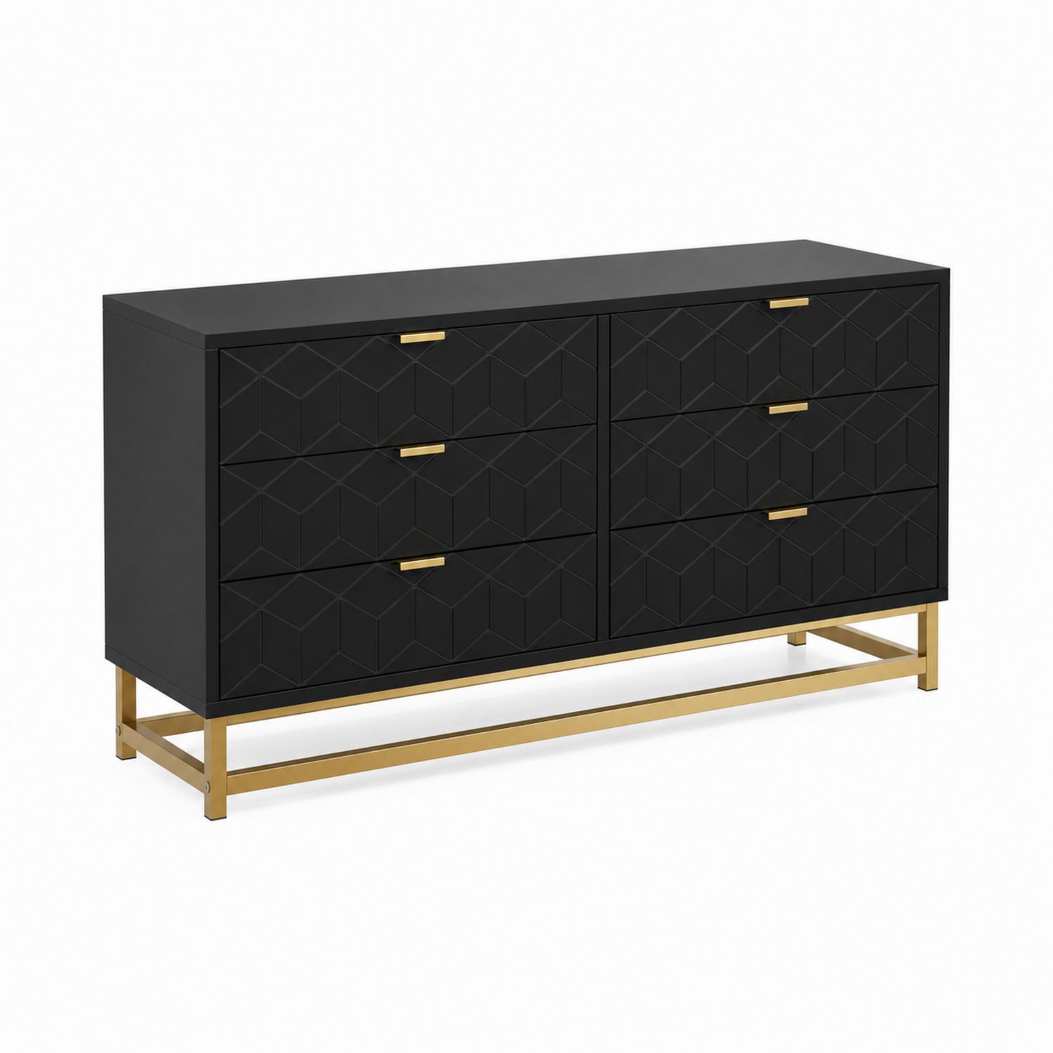 Schwarze Holz-Kommode mit 6 Schubladen und Messingakzenten