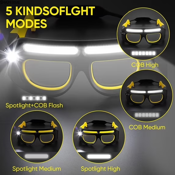 Motion-Sensor LED Safety Glasses with Rechargeable Headlight - USB-C Touch Control Glasses for Running, Cycling & Night Fishing | 5-Mode Hands-Free Lighting, Adjustable Fit for Outdoor Work & Hiking