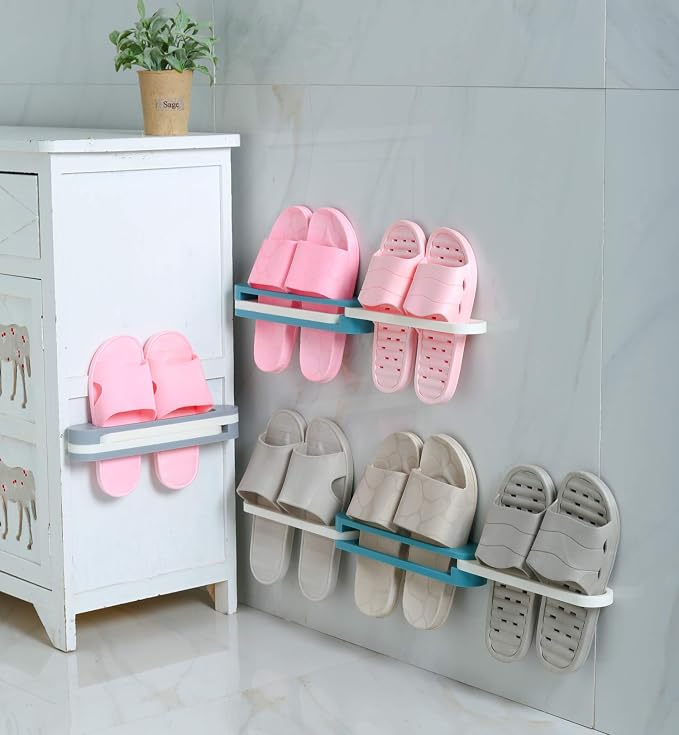 3 in 1 Folding Slippers Rack/Wall Mounted Foldable Shoe Rack – Space-Saving, Easy to Install, Durable Bathroom & Dorm Bathroom Slippers Organizer with Elegant Design for Small Spaces