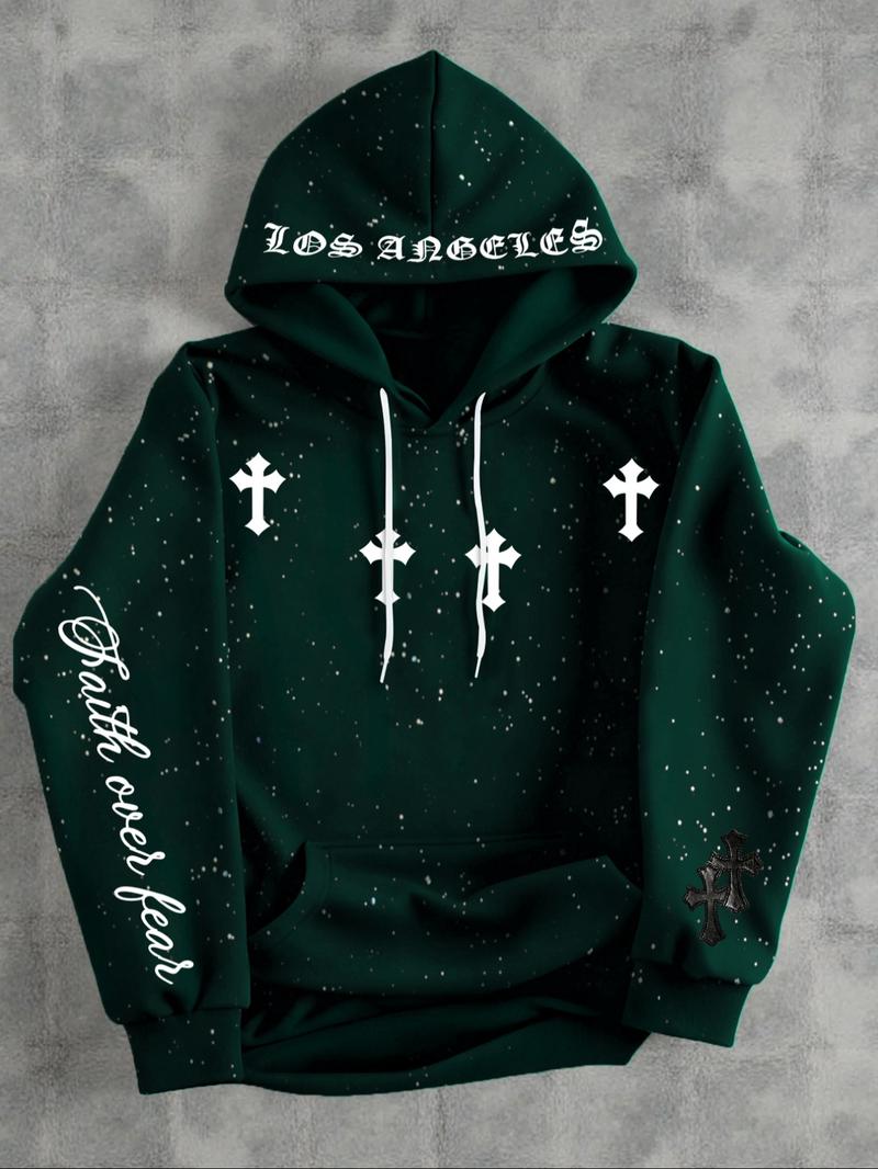 Men's Hooded Sweatshirt, Dark Gothic Cross Element Hooded Sweatshirt, Starry Sky Dyeing Process Pullover, Kangaroo Pocket, Casual Regular Loose Drawstring Hooded Sweatshirt, Suitable For Daily Vacation Outdoor Wear, Fall Outfits & Winter Outfits