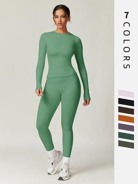 Women's Solid Long Sleeve Tee & Leggings Loungewear Two-piece Set, Casual Comfy Knit Round Neck Top & Skinny Pants Loungewear Set, Ladies Loungewear for Spring & Fall