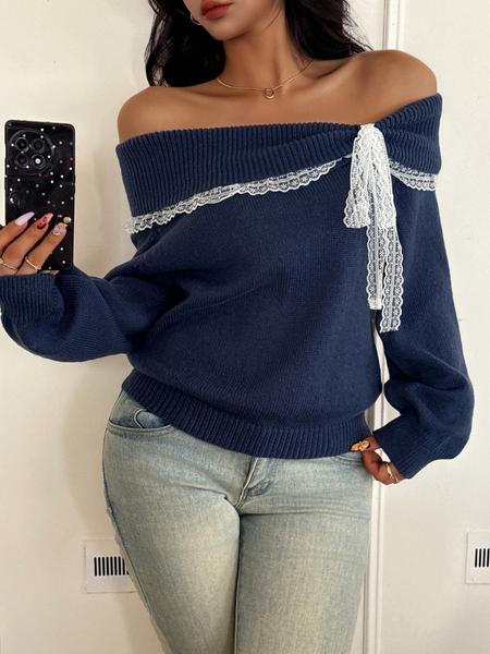 Women's off Shoulder Lace Bow Long Sleeve Pullover Sweater, Cute Knit Top for Fall & Winter, Casual Fashion for Ladies, Women Fall Outfit, Cute Winter Sweater for Women, Autumn Knitwear