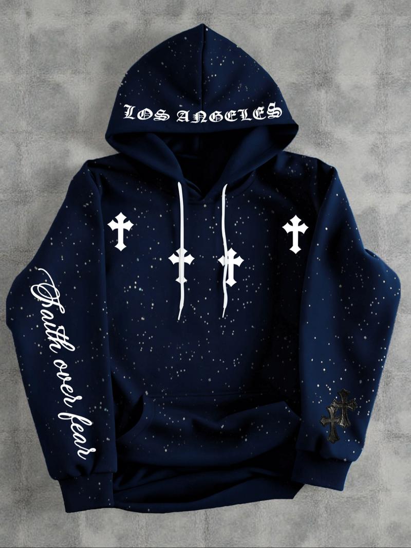 Men's Hooded Sweatshirt, Dark Gothic Cross Element Hooded Sweatshirt, Starry Sky Dyeing Process Pullover, Kangaroo Pocket, Casual Regular Loose Drawstring Hooded Sweatshirt, Suitable For Daily Vacation Outdoor Wear, Fall Outfits & Winter Outfits