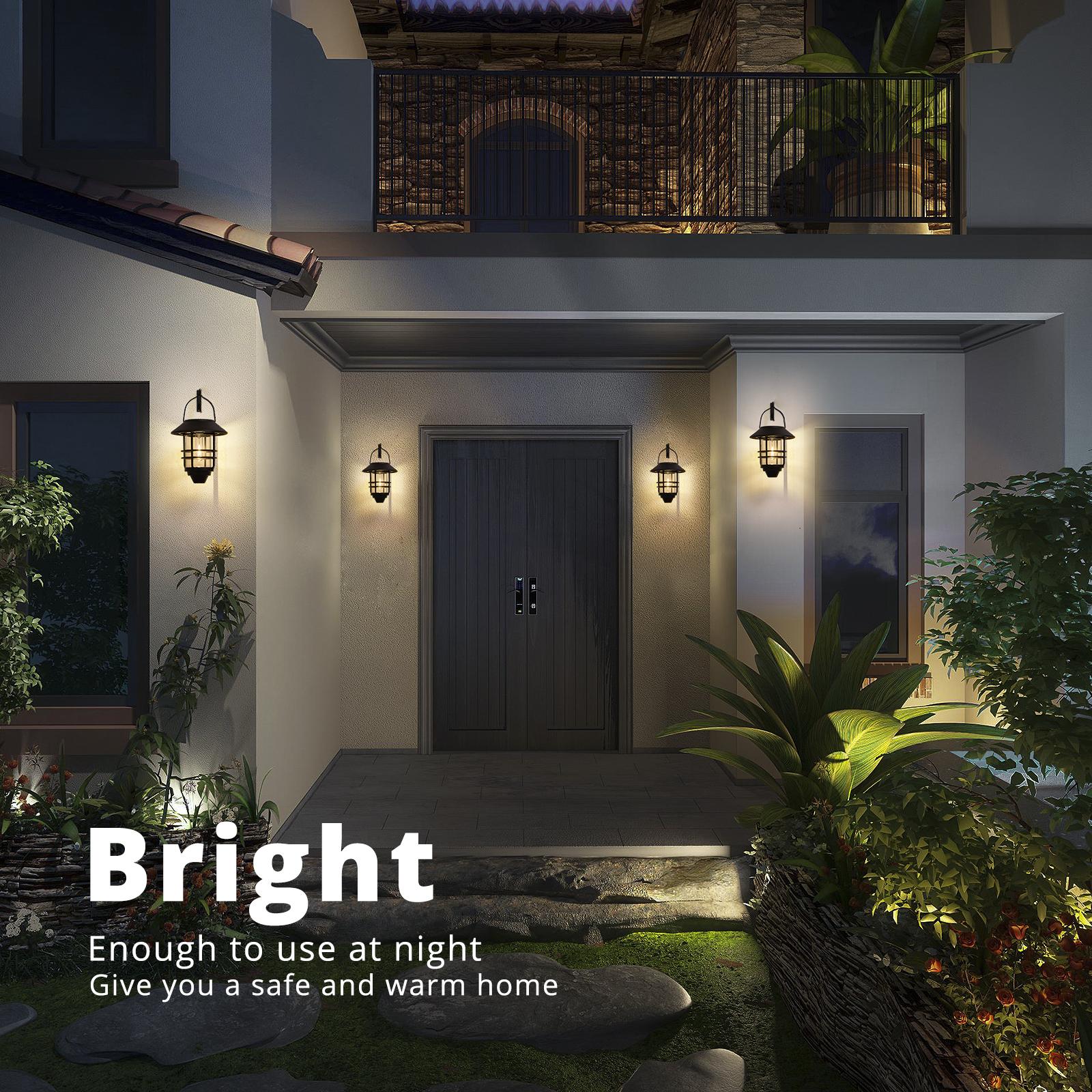 DERAYSION 2 Pack Solar Lanterns Outdoor, Multifunctional Lighting Hanging Glass Metal Lights with Wall Mount Bracket, Waterproof Auto Dusk to Dawn Warm White Decor for Garden Fence Porch