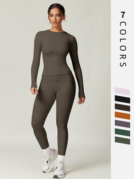 Women's Solid Long Sleeve Tee & Leggings Loungewear Two-piece Set, Casual Comfy Knit Round Neck Top & Skinny Pants Loungewear Set, Ladies Loungewear for Spring & Fall