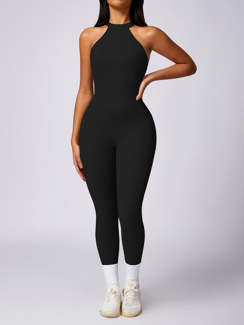 Women's Solid Ruched Cut Out Backless Halter Sports Jumpsuit, High Stretch Seamless Quick Drying Breathable Comfortable Sports Jumpsuit for Yoga Gym Workout, Ladies Sportswear for All Seasons, Workout Gym Clothing Women's Solid Ruched Cut Out Backless Halter Sports Jumpsuit, High Stretch Seamless Quick Drying Breathable Comfortable Sports Jumpsuit for Yoga Gym Workout, Ladies Sportswear for All Seasons, Workout Gym Clothing