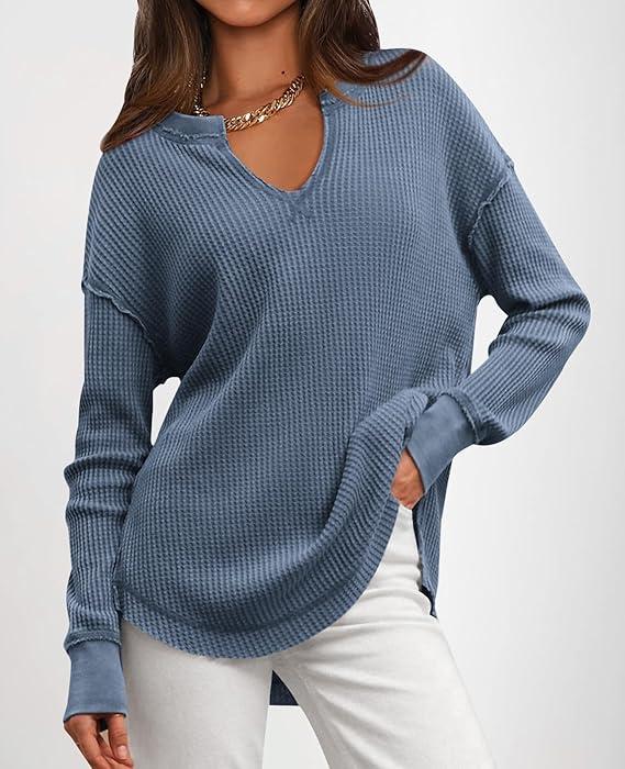 PRETTYGARDEN Grey Green Waffle Knit Long Sleeve V Neck Pullover Drop Shoulder Oversized Fall Top Comfy Womenswear Knitwear Sweater