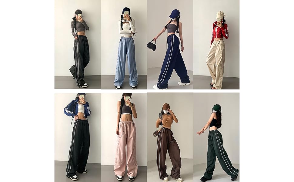 Ommig Women's Parachute Wideleg Pants Baggy Y2K Elastic Waist Wide Leg Track Pants Trousers Casual