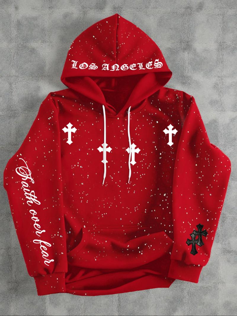 Men's Hooded Sweatshirt, Dark Gothic Cross Element Hooded Sweatshirt, Starry Sky Dyeing Process Pullover, Kangaroo Pocket, Casual Regular Loose Drawstring Hooded Sweatshirt, Suitable For Daily Vacation Outdoor Wear, Fall Outfits & Winter Outfits