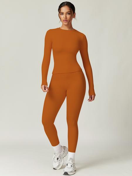 Women's Solid Long Sleeve Tee & Leggings Loungewear Two-piece Set, Casual Comfy Knit Round Neck Top & Skinny Pants Loungewear Set, Ladies Loungewear for Spring & Fall