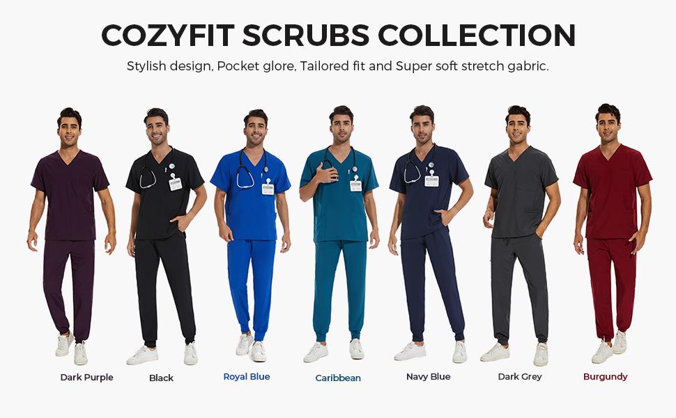 COZYFIT Men Scrubs Set - Luna Vital Set - Stretch V-Neck Scrub Top & Jogger Pant with 8 Pockets, Yoga Waistband, Anti-Wrinkle Scrubs for Men