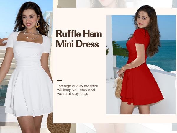 OYS Women's Casual Square Neck Ruffle Hem Mini Dress Short Sleeve Short Party Dresses With Pockets
