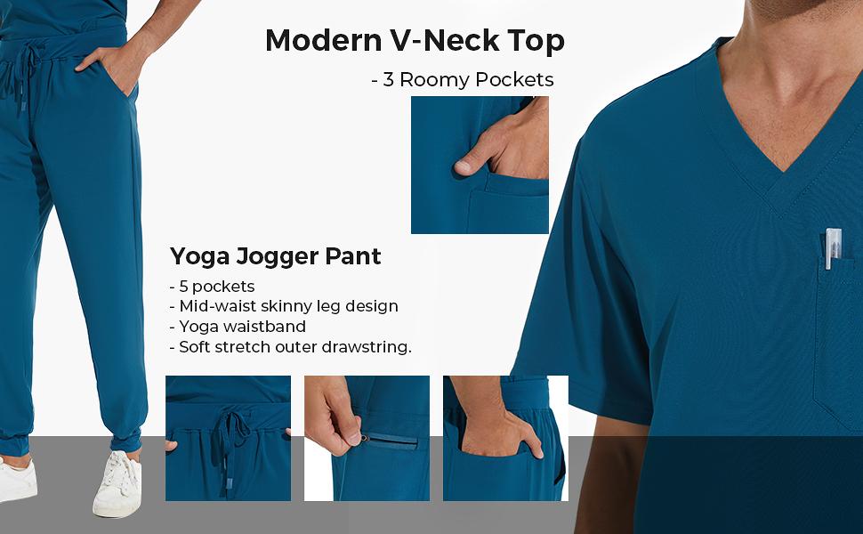 COZYFIT Men Scrubs Set - Luna Vital Set - Stretch V-Neck Scrub Top & Jogger Pant with 8 Pockets, Yoga Waistband, Anti-Wrinkle Scrubs for Men