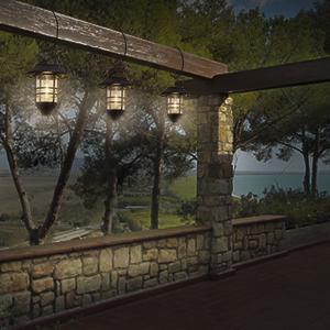 DERAYSION 2 Pack Solar Lanterns Outdoor, Multifunctional Lighting Hanging Glass Metal Lights with Wall Mount Bracket, Waterproof Auto Dusk to Dawn Warm White Decor for Garden Fence Porch