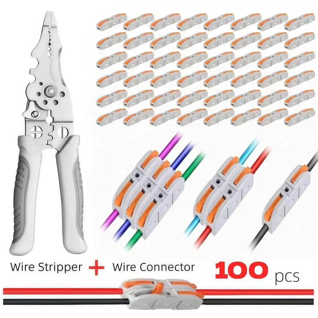Universal Quick Lever Electrical Wire Connectors (24-12 AWG) Assortment (50/100Pcs) + Wire Stripper