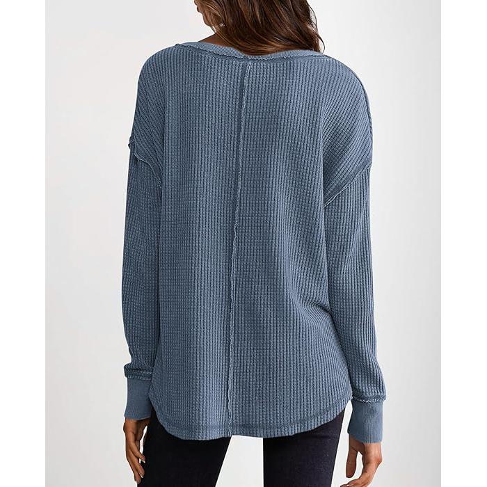 PRETTYGARDEN Grey Green Waffle Knit Long Sleeve V Neck Pullover Drop Shoulder Oversized Fall Top Comfy Womenswear Knitwear Sweater