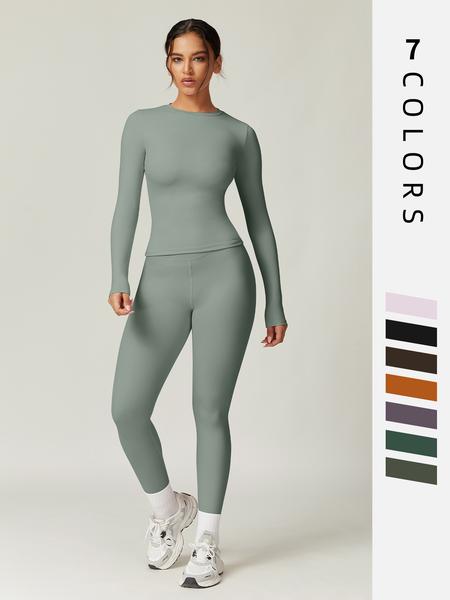 Women's Solid Long Sleeve Tee & Leggings Loungewear Two-piece Set, Casual Comfy Knit Round Neck Top & Skinny Pants Loungewear Set, Ladies Loungewear for Spring & Fall