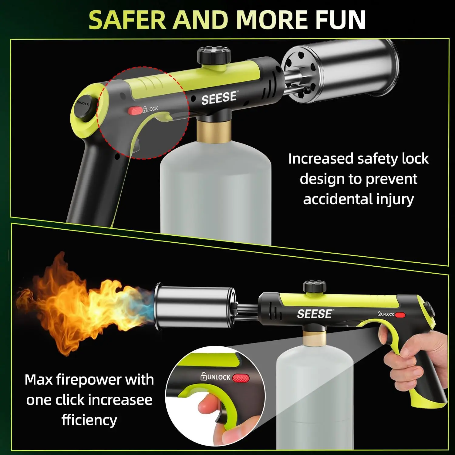 Great gift for outdoor lovers, BBQ enthusiasts, and DIYers--Powerful propane torch with one-touch ignition and safety lock for easy use