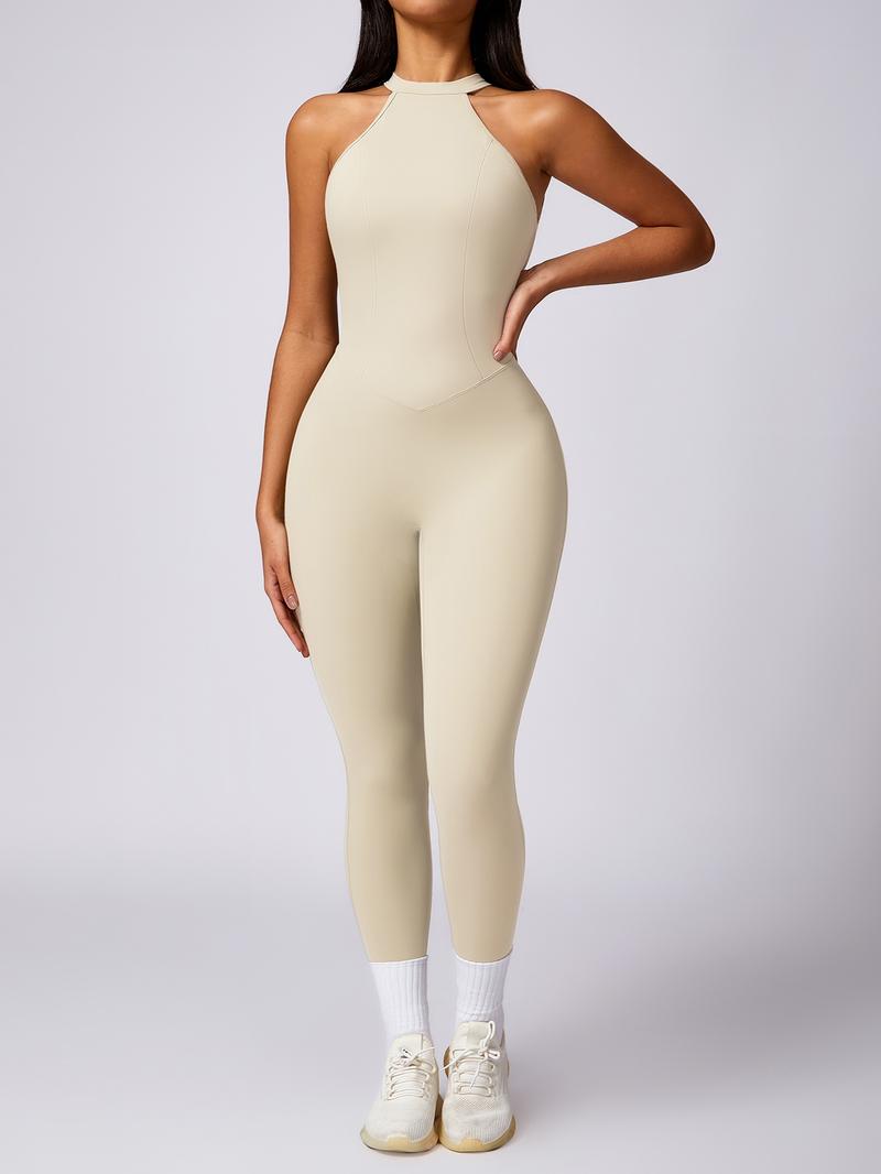 Women's Solid Ruched Cut Out Backless Halter Sports Jumpsuit, High Stretch Seamless Quick Drying Breathable Comfortable Sports Jumpsuit for Yoga Gym Workout, Ladies Sportswear for All Seasons, Workout Gym Clothing Women's Solid Ruched Cut Out Backless Halter Sports Jumpsuit, High Stretch Seamless Quick Drying Breathable Comfortable Sports Jumpsuit for Yoga Gym Workout, Ladies Sportswear for All Seasons, Workout Gym Clothing