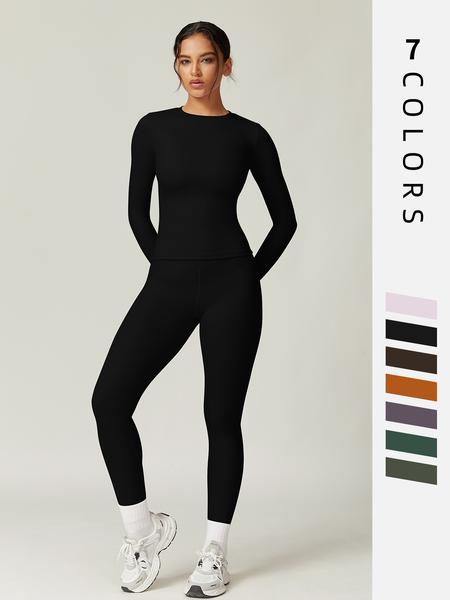 Women's Solid Long Sleeve Tee & Leggings Loungewear Two-piece Set, Casual Comfy Knit Round Neck Top & Skinny Pants Loungewear Set, Ladies Loungewear for Spring & Fall