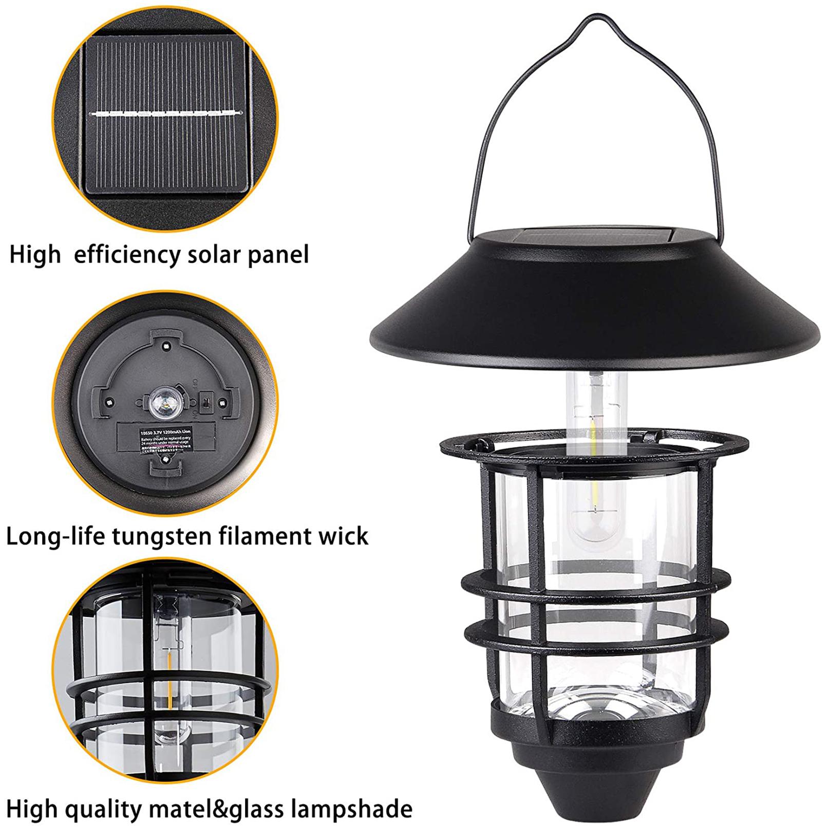 DERAYSION 2 Pack Solar Lanterns Outdoor, Multifunctional Lighting Hanging Glass Metal Lights with Wall Mount Bracket, Waterproof Auto Dusk to Dawn Warm White Decor for Garden Fence Porch