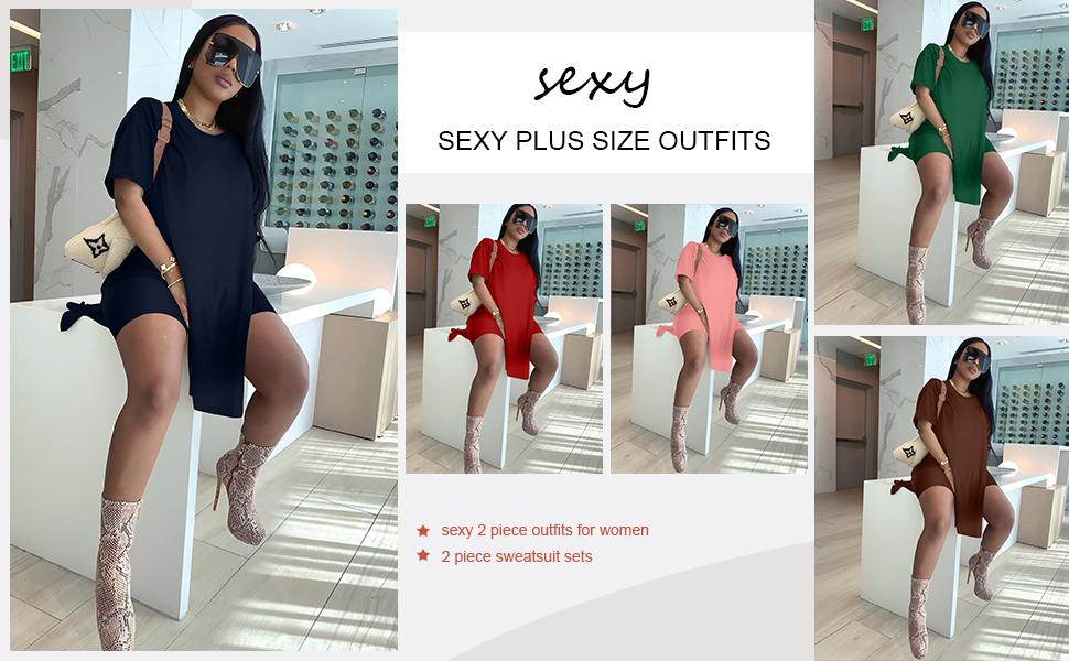 Women Plus Size 2 Piece Outfits Lady Basic Crewneck Short Sleeve Tunic Tops and Skinny Biker Shorts Sets Tracksuits Casual Soft Womenswear
