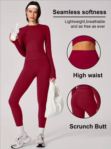 Women's Solid Long Sleeve Tee & Leggings Loungewear Two-piece Set, Casual Comfy Knit Round Neck Top & Skinny Pants Loungewear Set, Ladies Loungewear for Spring & Fall