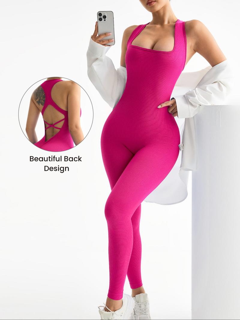 Women's Solid Criss Cross Backless Sports Jumpsuit, High Stretch Seamless Jumpsuit for Yoga Gym Workout, Ladies Sportswear for All Seasons, Sporty Comfy Jumpsuit