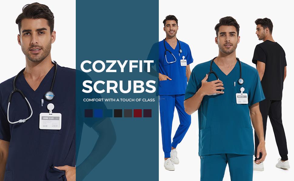 COZYFIT Men Scrubs Set - Luna Vital Set - Stretch V-Neck Scrub Top & Jogger Pant with 8 Pockets, Yoga Waistband, Anti-Wrinkle Scrubs for Men