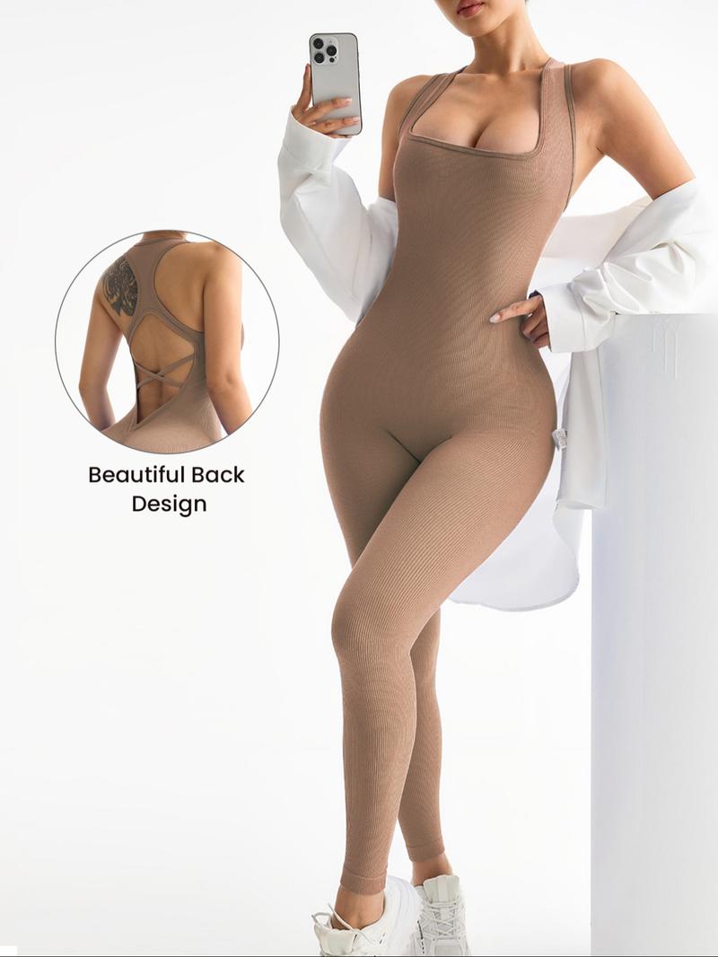 Women's Solid Criss Cross Backless Sports Jumpsuit, High Stretch Seamless Jumpsuit for Yoga Gym Workout, Ladies Sportswear for All Seasons, Sporty Comfy Jumpsuit
