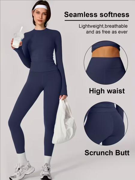 Women's Solid Long Sleeve Tee & Leggings Loungewear Two-piece Set, Casual Comfy Knit Round Neck Top & Skinny Pants Loungewear Set, Ladies Loungewear for Spring & Fall