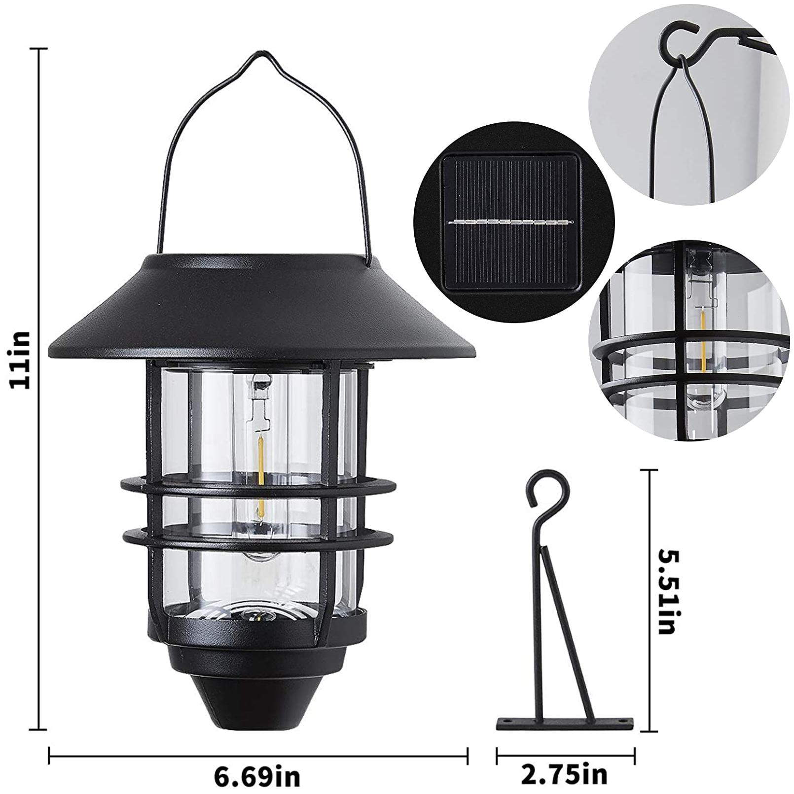 DERAYSION 2 Pack Solar Lanterns Outdoor, Multifunctional Lighting Hanging Glass Metal Lights with Wall Mount Bracket, Waterproof Auto Dusk to Dawn Warm White Decor for Garden Fence Porch