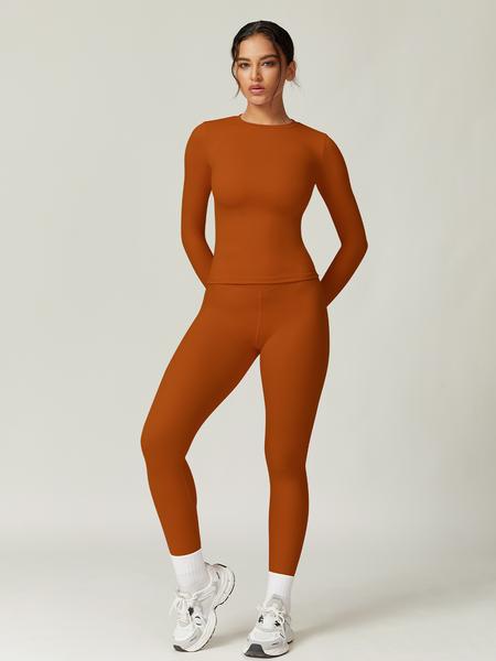 Women's Solid Long Sleeve Tee & Leggings Loungewear Two-piece Set, Casual Comfy Knit Round Neck Top & Skinny Pants Loungewear Set, Ladies Loungewear for Spring & Fall