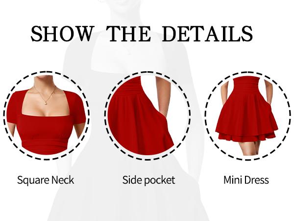 OYS Women's Casual Square Neck Ruffle Hem Mini Dress Short Sleeve Short Party Dresses With Pockets