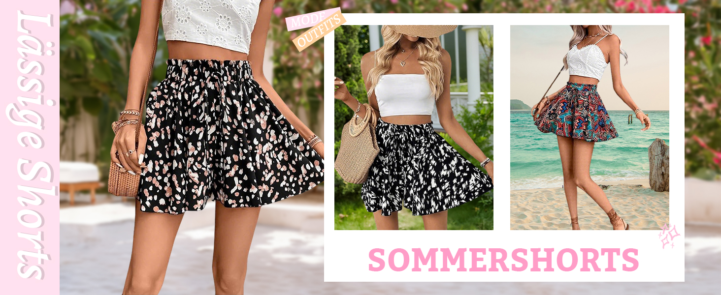 Der Text lautet „SUMMERSHORTS“. Sammlung von Fotos, die schwarze und weiße Shorts mit Tupfenmuster aus verschiedenen Blickwinkeln im Freien zeigen.