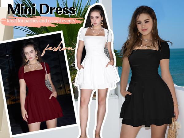 OYS Women's Casual Square Neck Ruffle Hem Mini Dress Short Sleeve Short Party Dresses With Pockets