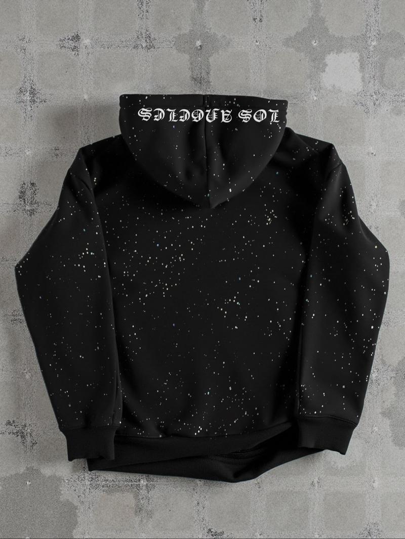 Men's Hooded Sweatshirt, Dark Gothic Cross Element Hooded Sweatshirt, Starry Sky Dyeing Process Pullover, Kangaroo Pocket, Casual Regular Loose Drawstring Hooded Sweatshirt, Suitable For Daily Vacation Outdoor Wear, Fall Outfits & Winter Outfits