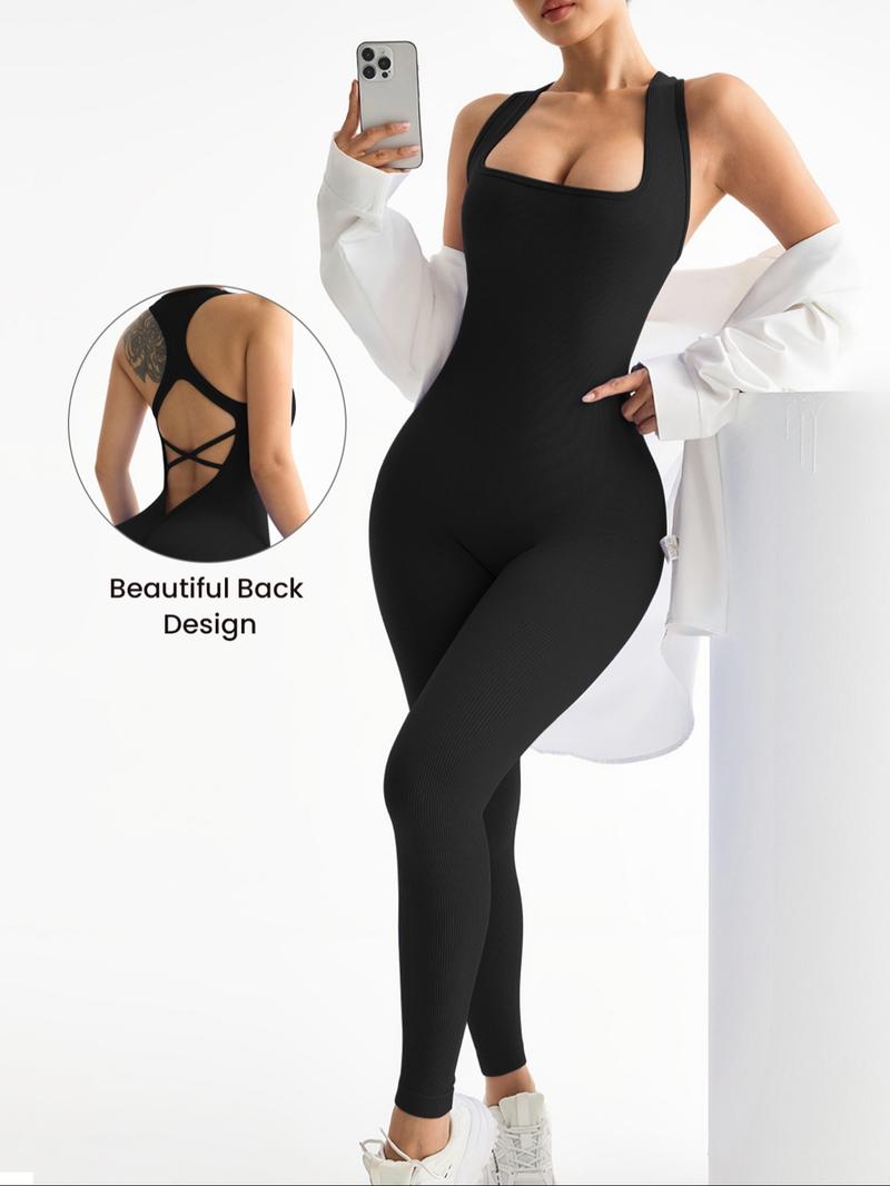 Women's Solid Criss Cross Backless Sports Jumpsuit, High Stretch Seamless Jumpsuit for Yoga Gym Workout, Ladies Sportswear for All Seasons, Sporty Comfy Jumpsuit