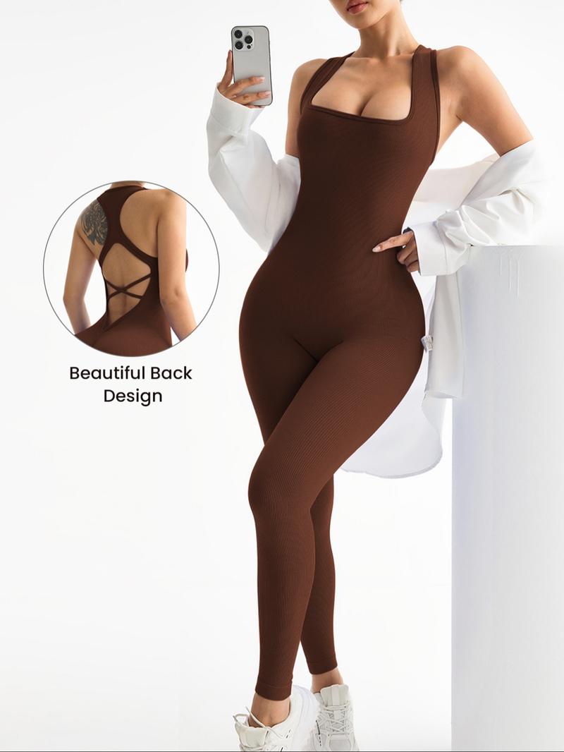 Women's Solid Criss Cross Backless Sports Jumpsuit, High Stretch Seamless Jumpsuit for Yoga Gym Workout, Ladies Sportswear for All Seasons, Sporty Comfy Jumpsuit