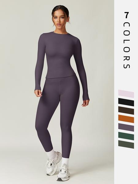 Women's Solid Long Sleeve Tee & Leggings Loungewear Two-piece Set, Casual Comfy Knit Round Neck Top & Skinny Pants Loungewear Set, Ladies Loungewear for Spring & Fall
