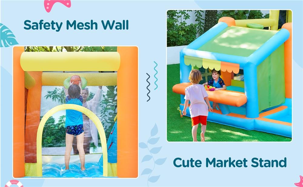 【Beautyhackher Exclusive】Yaheetech 8-in-1 Inflatable Bounce House with Splash Pool, Slide, Climbing Wall, and Market Stand for Kids Ages 3-10, 520W Blower, Portable & Multifunctional Playground Set