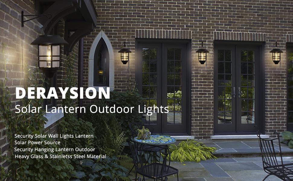 DERAYSION 2 Pack Solar Lanterns Outdoor, Multifunctional Lighting Hanging Glass Metal Lights with Wall Mount Bracket, Waterproof Auto Dusk to Dawn Warm White Decor for Garden Fence Porch