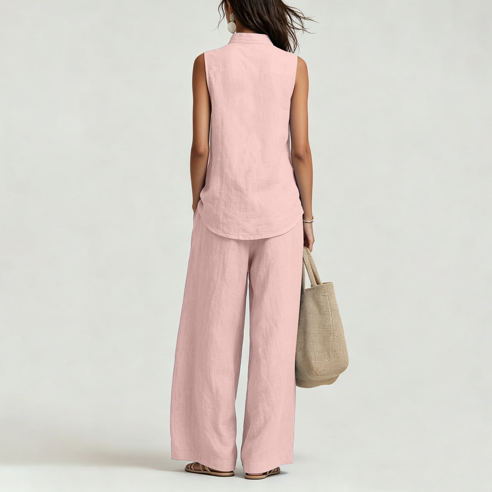 Women's Casual Cotton & Linen Sleeveless Top & Wide-Leg Pants Two-Piece Set
