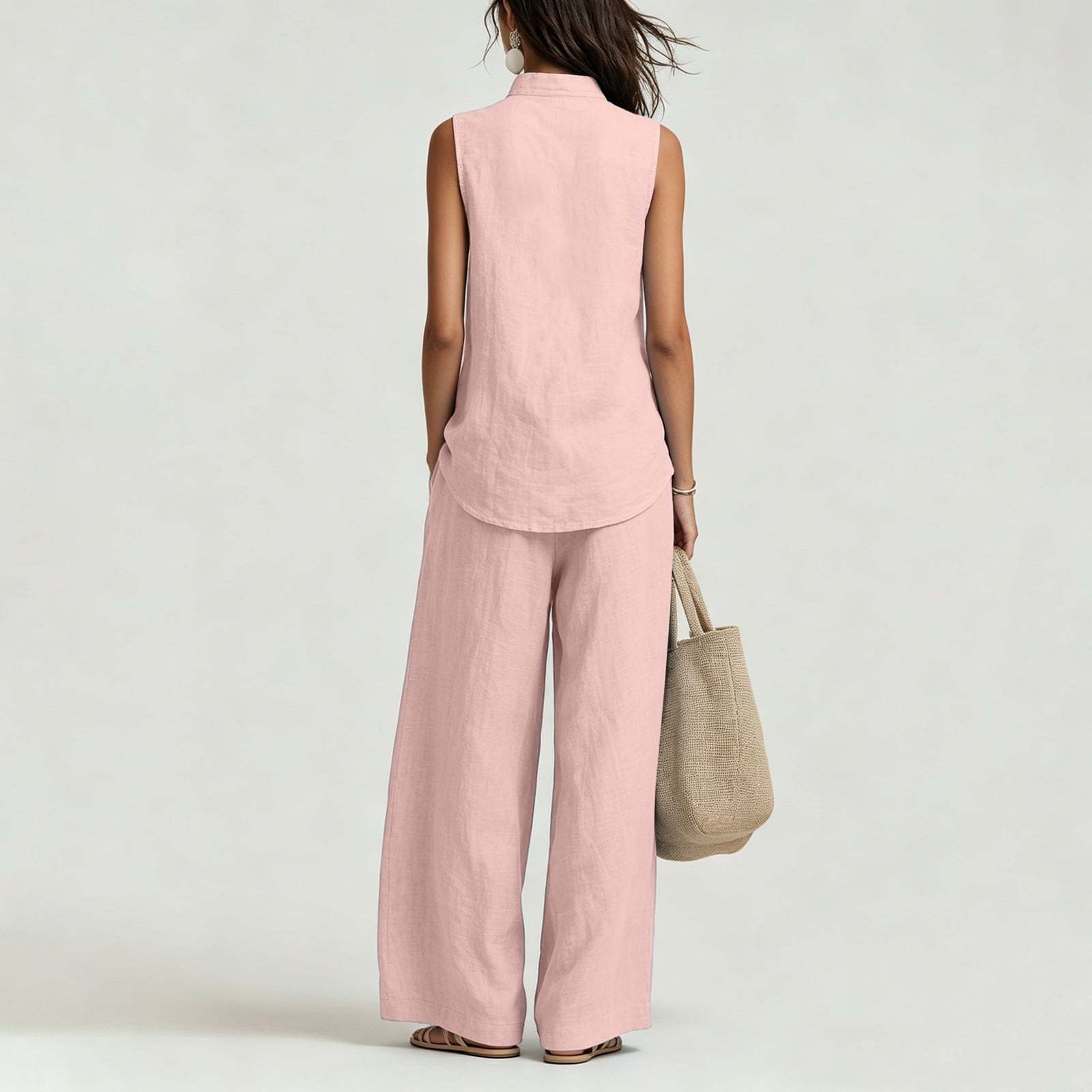 Women's Casual Cotton & Linen Sleeveless Top & Wide-Leg Pants Two-Piece Set