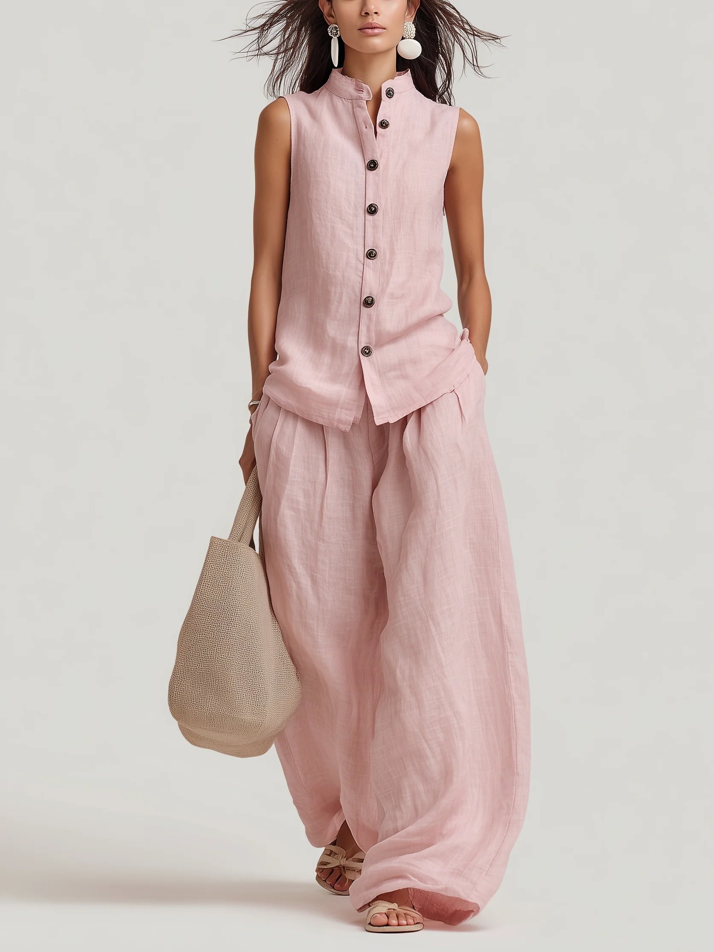 Women's Casual Cotton & Linen Sleeveless Top & Wide-Leg Pants Two-Piece Set