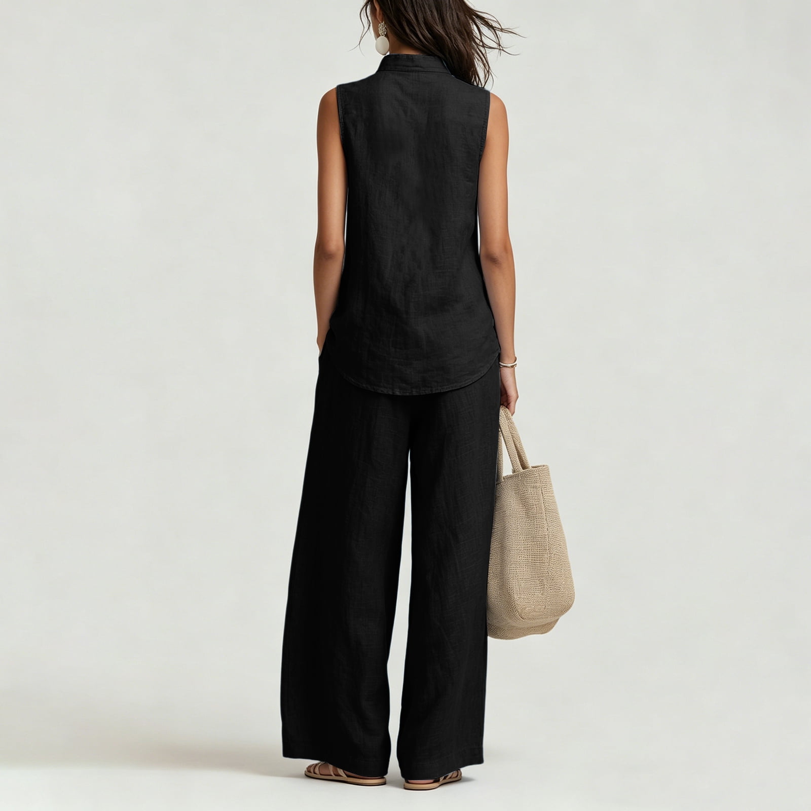 Women's Casual Cotton & Linen Sleeveless Top & Wide-Leg Pants Two-Piece Set